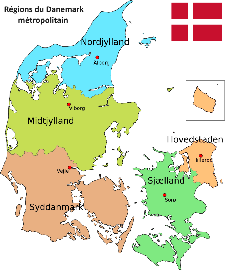 Carte des cinq régions du Danemark y compris l'île de Sjaeland ou Seelande